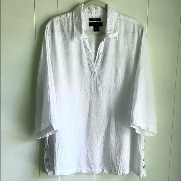 Tahari White 100% Linen Boyfriend Lagen Look Coastal Grandma Casual Shirt Sz 1X - Picture 1 of 10